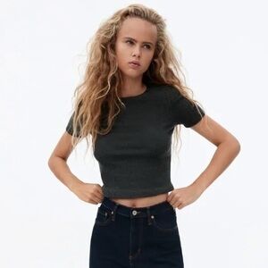 Zara Shirt Dark Grey Marl Shoulder Pad Trendy Boho